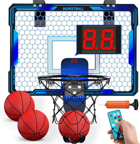 HYES Basketball Hoop for Kids, Remote Control Mini Basketball Hoop with 7 LED Lighting, 3 Modes, Scoreboard, 3 Balls, Indoor Basketball Toys for Kids - Blue.