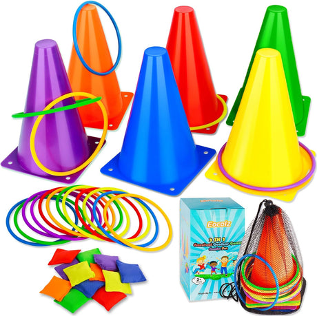 Eocolz 3 in 1 Carnival Games Set, Soft Plastic Cones Bean Bags Ring Toss Games for Kids Birthday Party Outdoor Games Supplies 32 Pcs Combo Set.