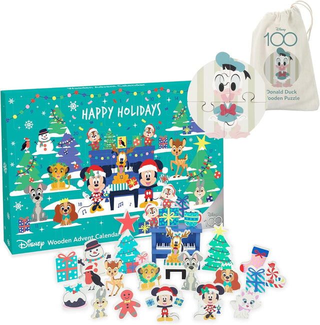 Disney Advent Calendar 2023 Kids & Disney Toys Puzzle - Wooden Childrens Calendars for 1 Year Old Baby, Toddler, Boys, Girls - Mickey & Animals Figures Playset, Christmas Countdown Gifts - Orange Tree.