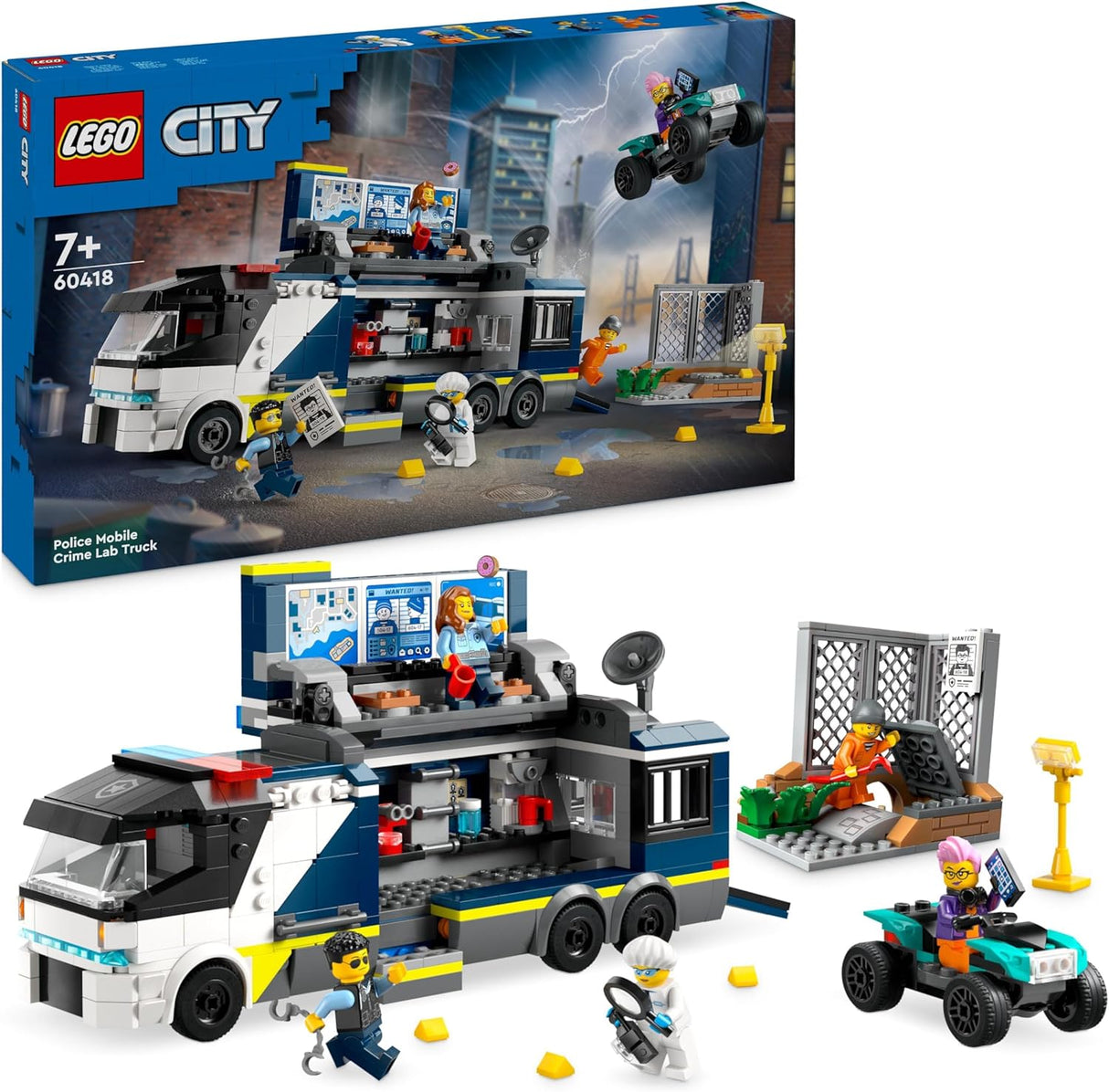 LEGO City Police Mobile Crime Lab Truck Toy for 7 Plus Year Old Boys, Girls & Kids, Vehicle Set with Quad Bike, 2 Officer, 1 Scientist and 2 Crook Minifigures for Pretend Play, Birthday Gifts 60418.