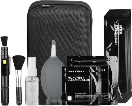 Movo Deluxe Essentials DSLR Camera Cleaning Kit with 10 APS-C Swabs, Sensor Cleaning Fluid, Rocket Air Blower, Lens Pen, Soft Brush, 2x Small & 2x Large Microfiber Cloths & Carrying Case.