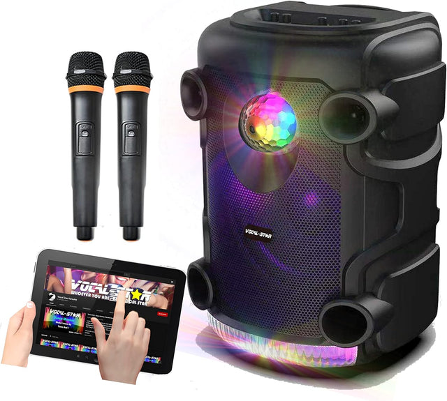 Vocal-Star Portable Karaoke Machine With Party Light Effects, 2 Wireless Microphones, Bluetooth, 300w Speaker, Records Vocals, TWS, AUX/USB Input VS-PPA.