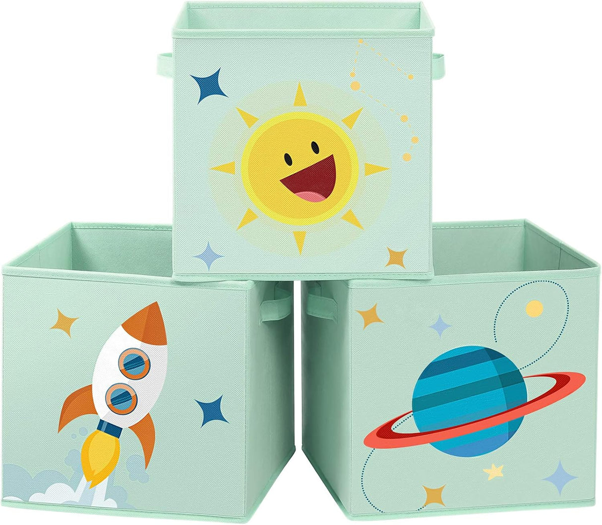 SONGMICS Storage Boxes, Set of 3, Toy Organiser Boxes, Foldable Storage Cubes with Two Handles, for Kid’s Room, Playroom, Bedroom, 30 x 30 x 30 cm, Space Theme, Blue RFB001B03.