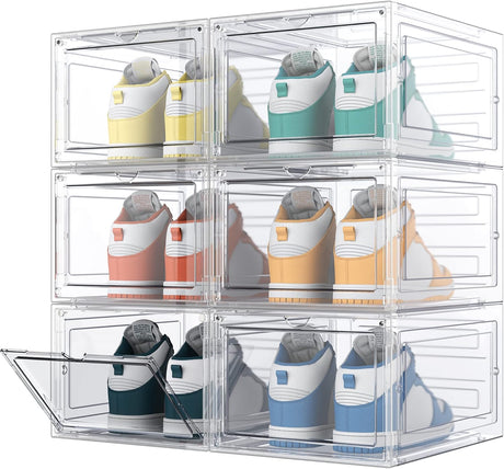 HOMIDEC 6 pcs Shoe Box, Shoe Storage Boxes Clear Plastic Stackable, Shoe Organizer Containers with Lids for Women/Men 34.5 x 27 x 19 cm