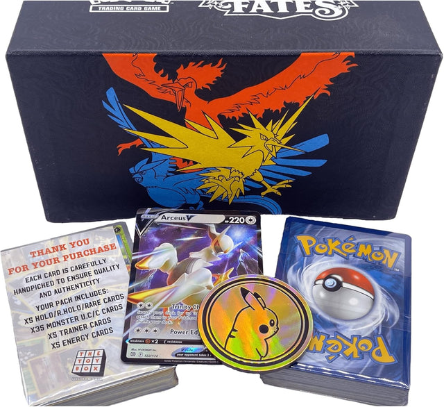 The Toy Box - Pokemon Box Bundle - 100 Assorted Pokemon Cards, 1x Rare Ultra Shiny & Game Coin.