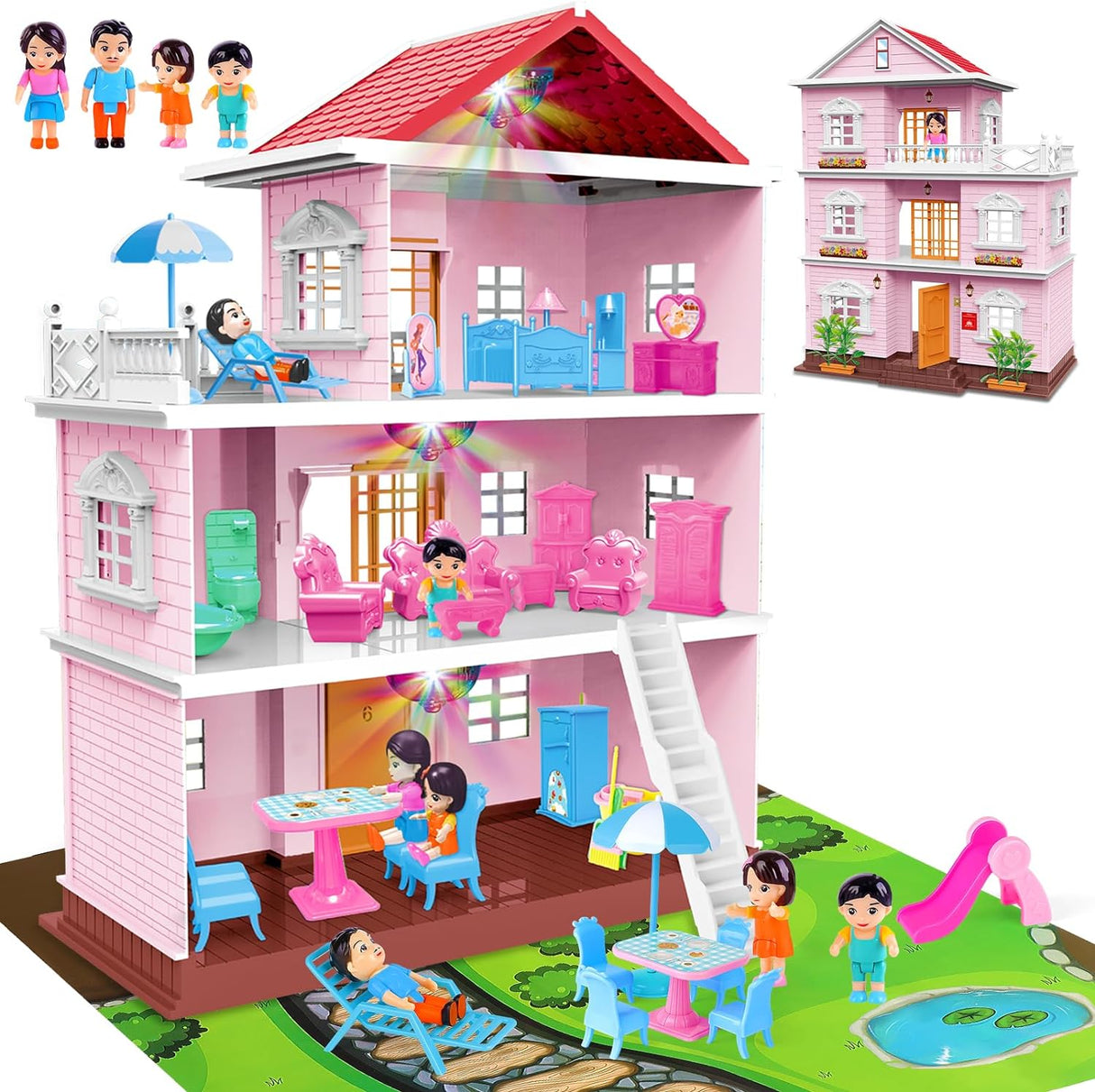 deAO Doll House to Build, Dollhouse Pink, Play Doll House with Map,& Dolls Accessories Dolls House Garden Princess House Girls Christmas Birthday Gifts.