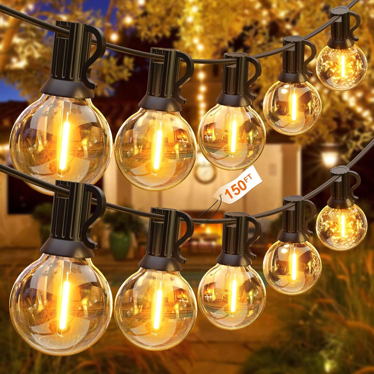 GLUROO Festoon Lights Outdoor 100FT, G40 LED String Lights Mains Powered with 50+2 Plastic Bulbs,Waterproof Connectable Outdoor String Llights for Garden,Porch, Backyard,Bistro.