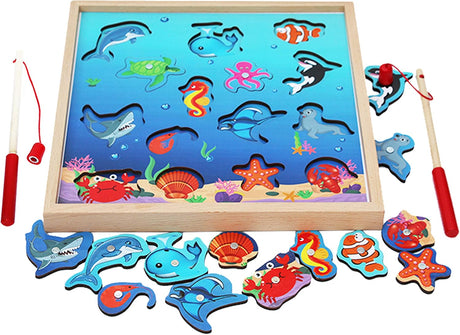 TOWO Wooden Fishing Game-Magnetic Fishing Puzzles with Numbers Jigsaw Puzzle- Sea Creatures Kids Fishing Game Educational Toys for 3 years old Math Toy Montessori Materials.