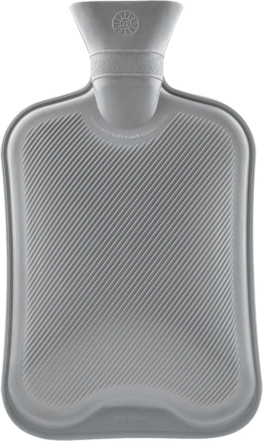 Hot Water Bottle Large 1.8L Rubber Hot Water Bag 1, 2 or 3 Pack Ribbed Surface One Side for Pain Relief Hot Cold Compress Cramps Back Pain Neck Pain (Grey, 1 pc).