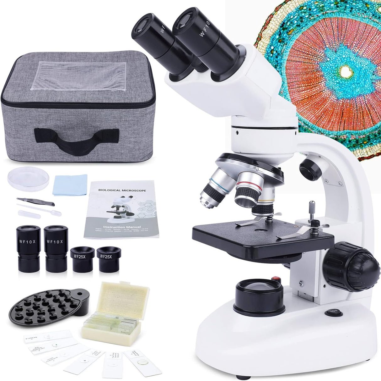 MAXLAPTER Binocular Microscope for Adults Kids, 40X-1000X Compound Binocular Microscope for Students Home School Education - Microscope Slides, Storage Bag, Power Plug, Phone Adapter.