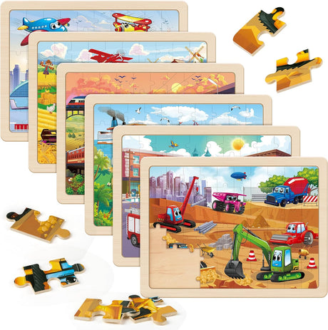 SYNARRY Wooden Vehicle Puzzles for Kids 3 4 5 6 7 8 Year Olds, 6 Packs 60 Piece Children’s Jigsaw Puzzles, Preschool Educational Toys Game Gifts for Toddlers Ages 4-8.