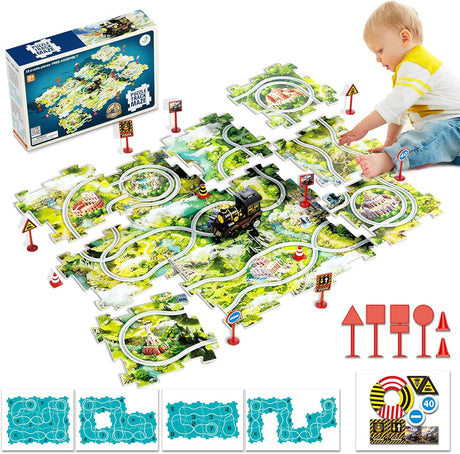 Fullware Puzzle Racer Kids Car Track Set Builder for 2 3 4 5 6 Year Old, 12 Pcs 4 DIY Car Tracks,Electric Automatic Loop Model Train, Battery powered, Toys for Boys Gifts 2 3 4 5 6 7 8(World Landmark).