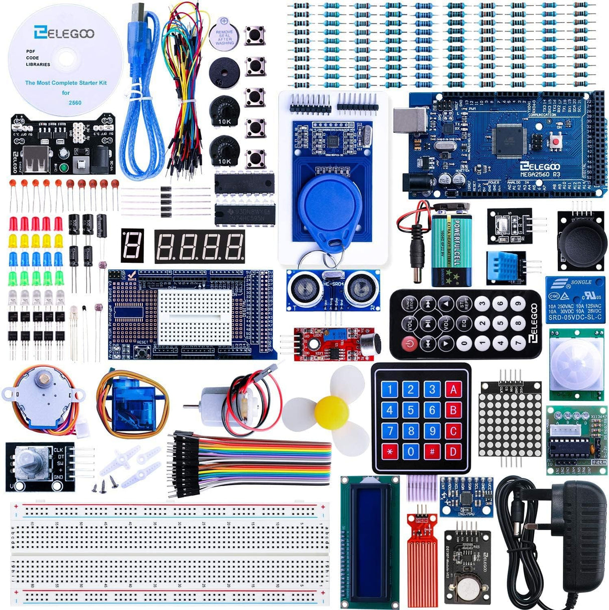 ELEGOO Mega R3 Project The Most Complete Ultimate Starter Kit Barebone PCs Compatible with Arduino IDE w/TUTORIAL, MEGA R3 Controller Board, LCD 1602, Servo, Stepper Motor.