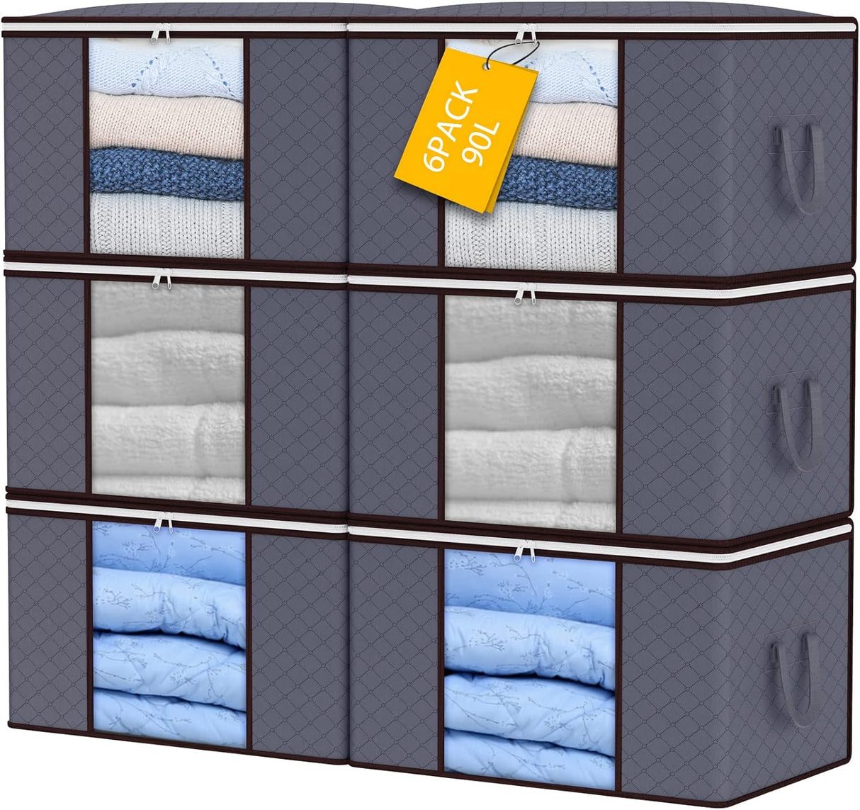 90L Storage Bags, 6Pack Large Capacity Clothes Storage Bags with Zips, Foldable Storage Bags with Reinforced Handle Breathable Thick Fabric for Comforters, Blankets, Bedding.