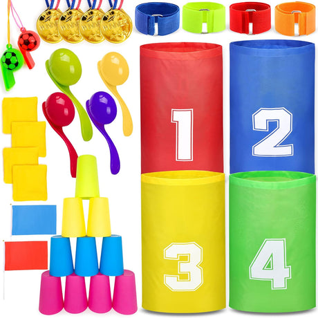 Chennyfun Sports Day Kit, 38 Pieces Outdoor Games Set for Traditional Lawn Games & Garden Races Includes Sack Race, Egg and Spoon, Legged Race Bands, Whistles and other, Family Games For Adults Kids.