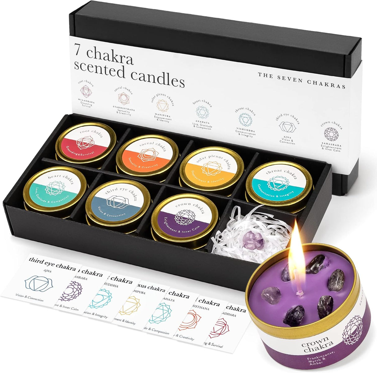 Chakra Candle Box Set of 7 with Crystals Inside | for Aromatherapy, Meditation, Yoga, Reiki and Mindfulness | Gift Box Candles.