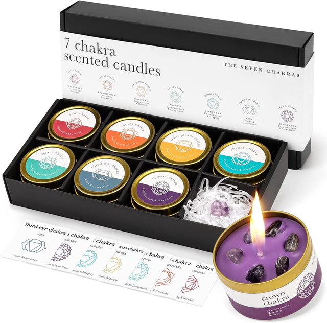 Chakra Candle Box Set of 7 with Crystals Inside | for Aromatherapy, Meditation, Yoga, Reiki and Mindfulness | Gift Box Candles.