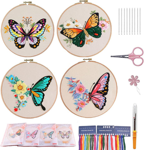 Embroidery Kit for Beginners, 4 Sets Butterfly Embroidery Starter Kits with Patterns and Instructions Cross Stitch Kits,Embroidery Clothes with Pattern,Bamboo Hoops, Threads and Needles.