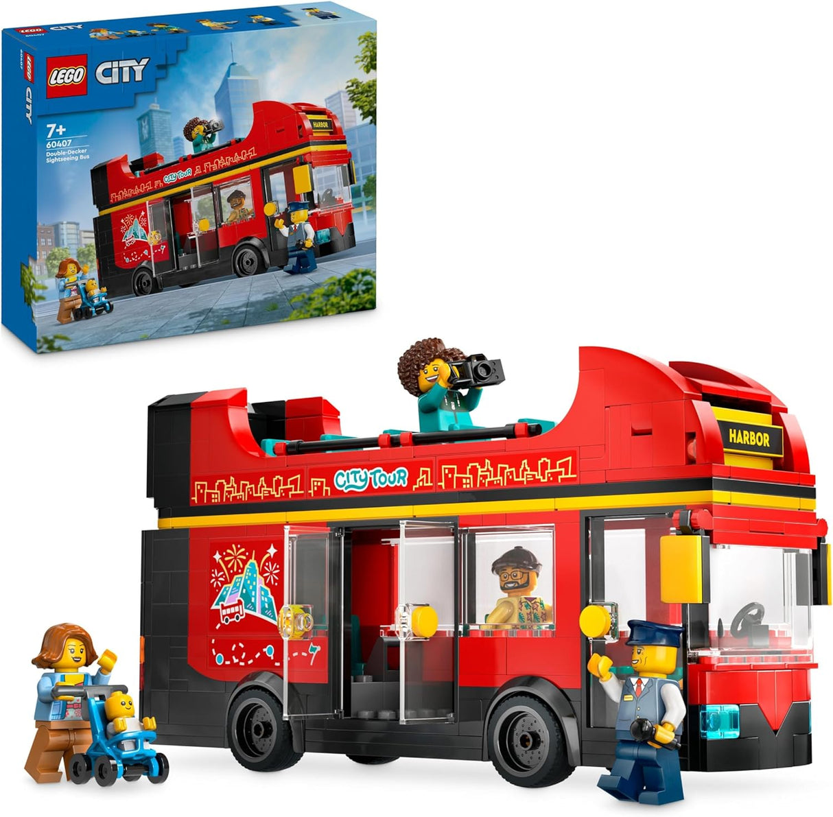 LEGO City Red Double-Decker Sightseeing Bus Toy, Red Vehicle for 7 Plus Year Old Boys & Girls, Creative Set with 5 Minifigures Including a Baby and Buggy, Birthday Gift Idea 60407.