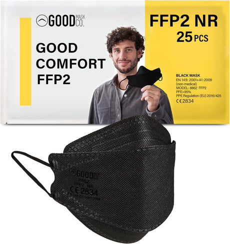 Good Mask Co. Good Comfort Adult FFP2 Face Masks, Disposable and Comfortable Face Masks (25pcs, Black).