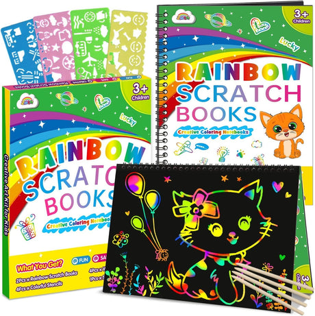 ZMLM Rainbow Scratch Mini Art Notes - 125 Magic Scratch Note Pads Cards Sheets for Kids Black Scratch Crafts Arts DIY Party Favor Supplies Kit Birthday Game Toy Gifts Box for Girls Boys Halloween.