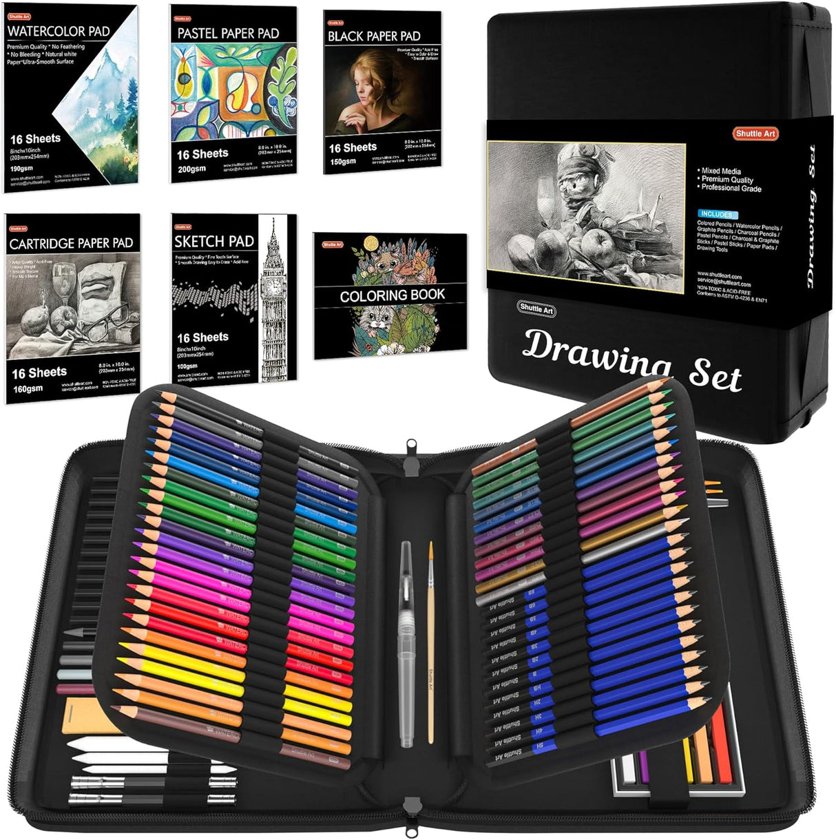 Shuttle Art 103 Pack Sketching and Drawing Pencils Set, Sketch Pencil Set with Colouring Pencils, Sketch Books, Graphite Pencils in Sturdy Zipper Case, Art Supplies for Artists, Beginners, Adults.