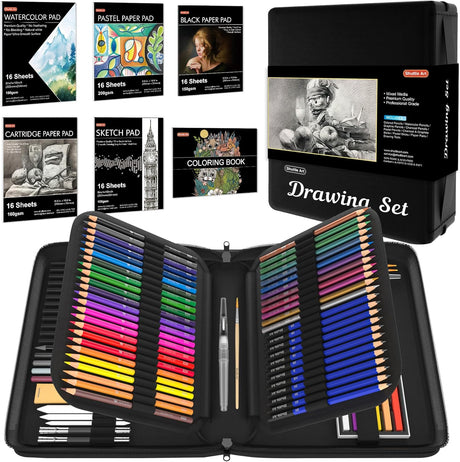 Shuttle Art 103 Pack Sketching and Drawing Pencils Set, Sketch Pencil Set with Colouring Pencils, Sketch Books, Graphite Pencils in Sturdy Zipper Case, Art Supplies for Artists, Beginners, Adults.