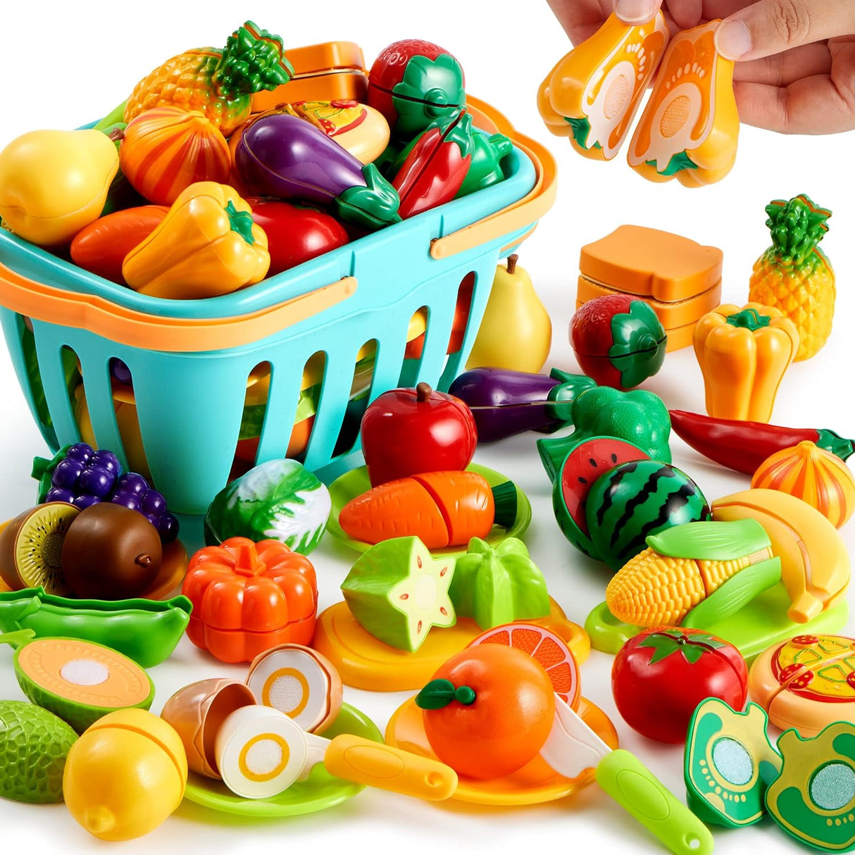 JOYIN 71Pcs Cutting Play Food Toy for Toddlers Kitchen, Fake Food for Kids Play Kitchen, Includes Plastic Fruit &Vegetables, Storage Basket, Mini Dishes and Knife, Pretend Play Toys, Toddler Gifts.