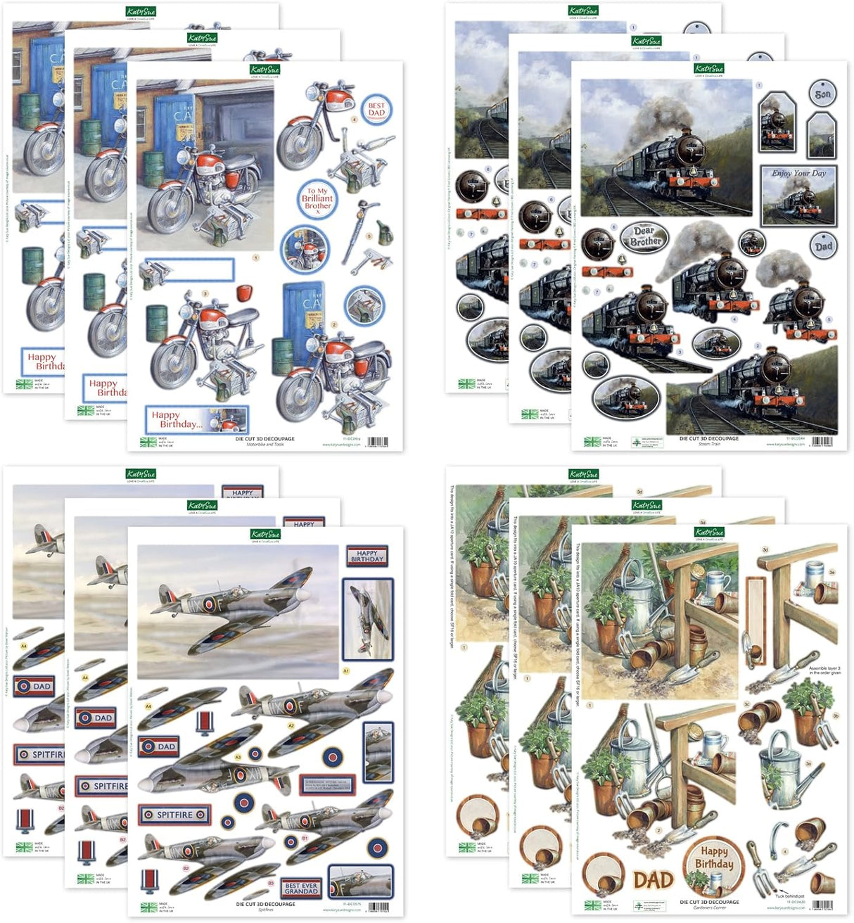 Katy Sue Hobbies - Planes, Trains, Automobiles, & Gardening Die Cut Decoupage Set for Card Making Supplies. Contains 12 Sheets of Die-Cut Decoupage for Card Making and Paper Crafting.