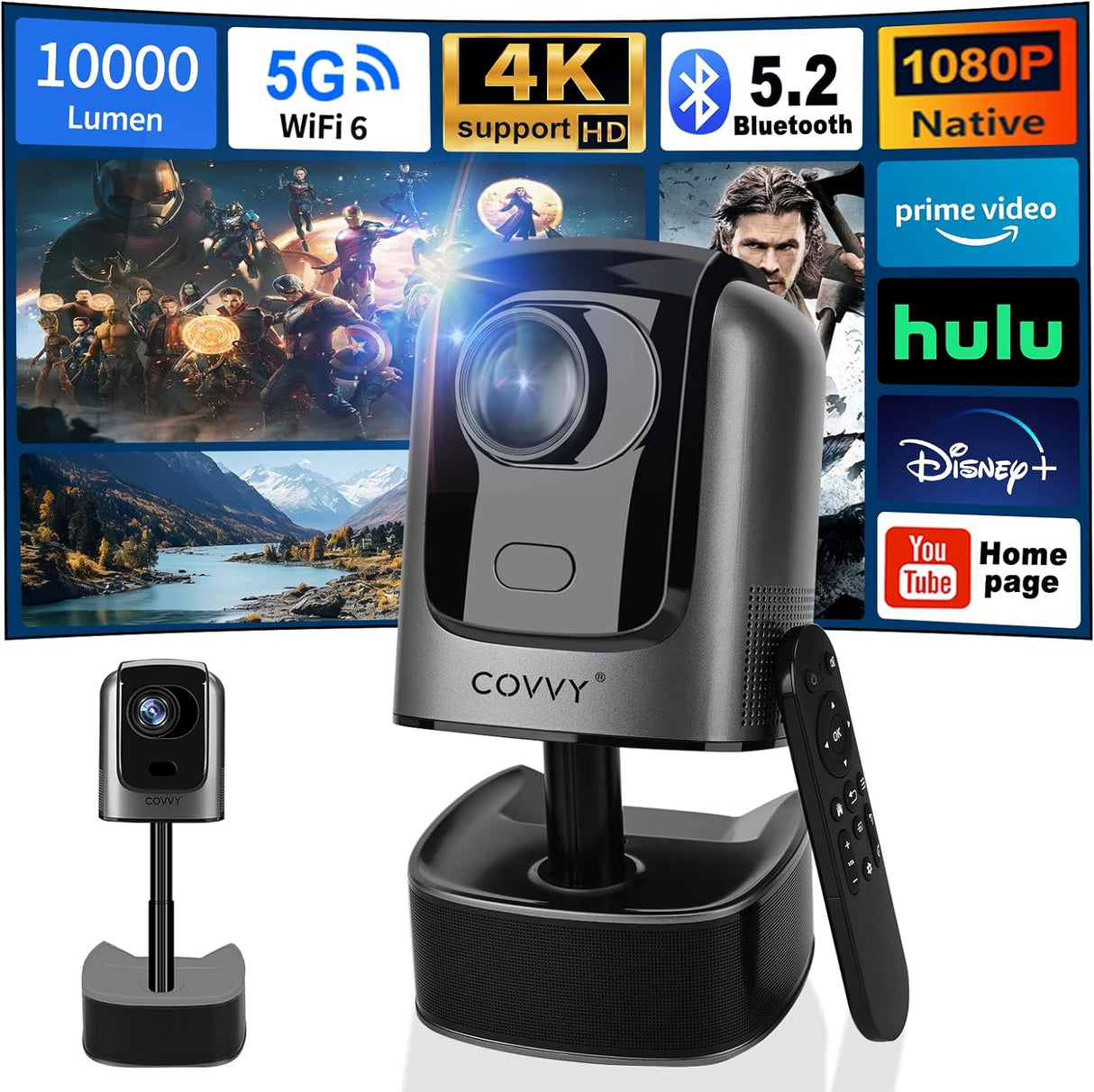 COVVY Retractable Projector with Pan-Tilt, Full HD 1080P Home Theater Video Projectors with WiFi & Bluetooth, Support 4K, Portable Outdoor Home Cinema for Android/Smartphone/Tablet/PC/TV Stick.