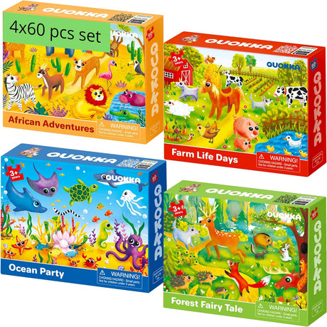 60 Piece Jigsaw Puzzles For 3 Year Olds - Set of 4 Jigsaws for Children Age 4 5 7 by QUOKKA - Africa Farm Ocean Forest Animals Toddler Toys 5-8 yo - Gift Educational Game for Boys & Girls.