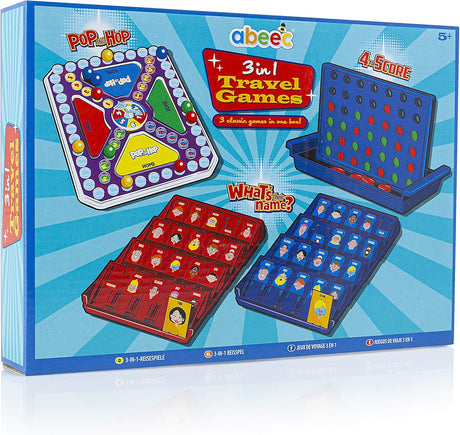 abeec 3 in 1 Travel Games - Board Games For Kids - Pop And Hop, Four To Score And What’s Their Name – Pocket Games - Holiday Essentials.