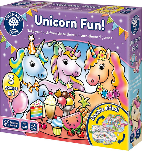 Orchard Toys Unicorn Fun! - 3 in 1 Educational Board Games for 4+ Year Olds - Unicorn Gifts for Girls and Boys - Number and Counting Games for Kids - Age 4-8 Years - 2-4 Players.