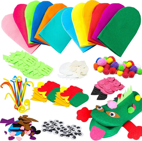 WATINC 12Pcs Animal Hand Puppets Making Kit for Kids Toddlers DIY Art Craft Party Supplies Children Role Play Toys Felt Glove Puppets Show, Pipe Cleaners Colorful Pompoms, Googl Eyes, DIY Felt Decors.