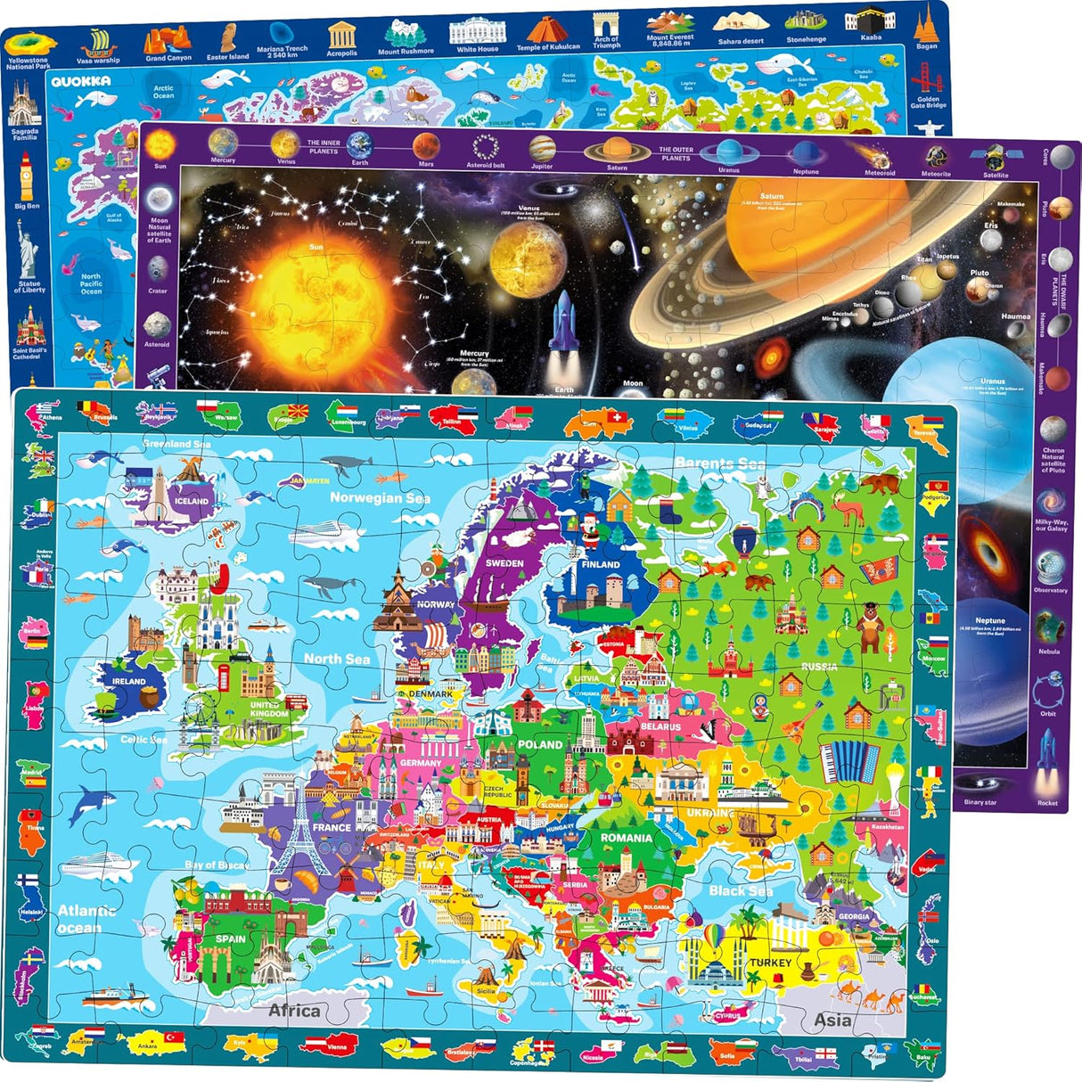 Jigsaw Puzzles for Kids 3 4 5 Year Olds - 3 Set 100 Piece Puzzles for Children to Learn World Map of Europe and Space - Educational Toys for Boys & Girls Age 6 7 9.