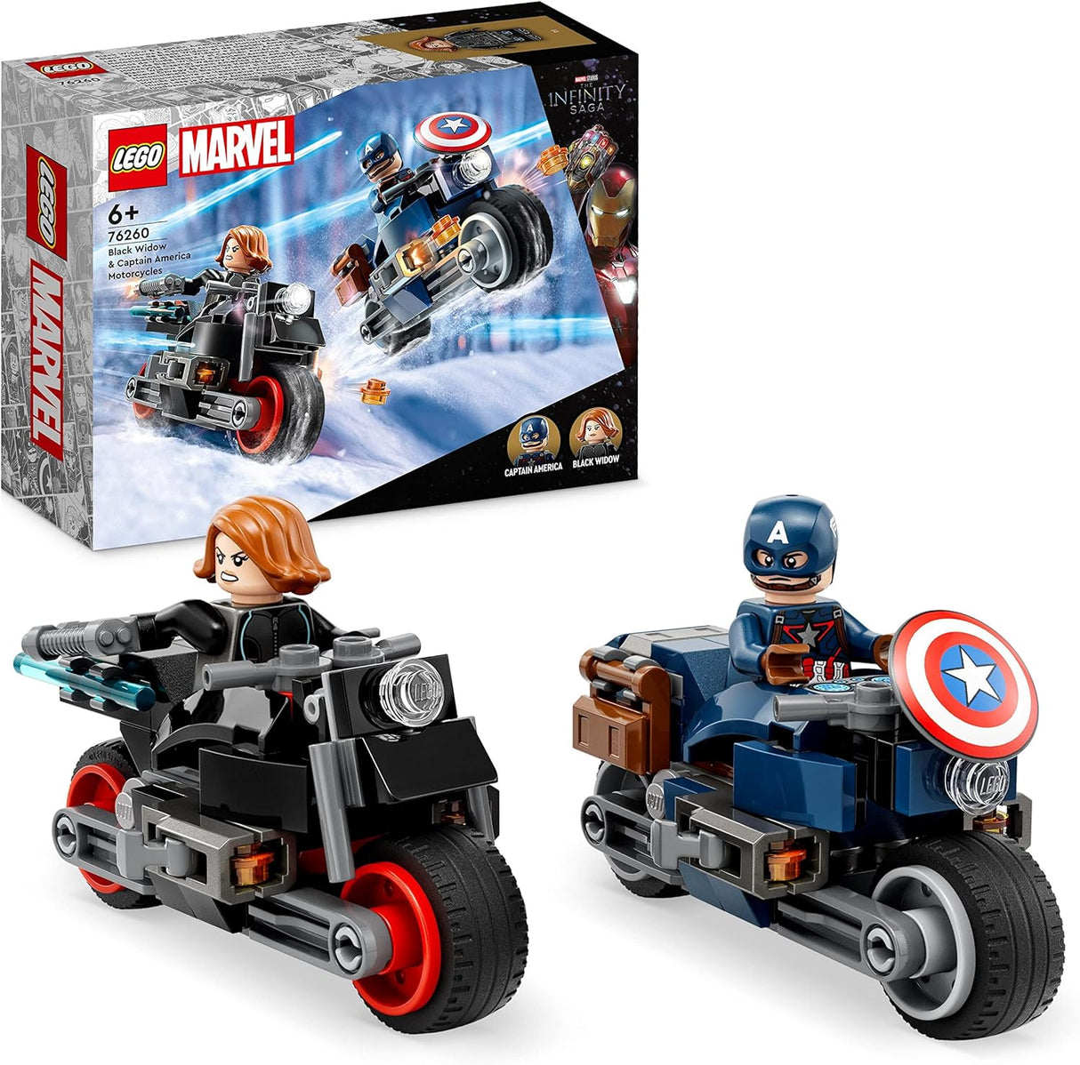 LEGO Marvel Black Widow & Captain America Motorcycles, Avengers Age of Ultron Set with 2 Superhero Motorbike Toys for Kids, Boys, Girls Aged 6 and Up 76260.