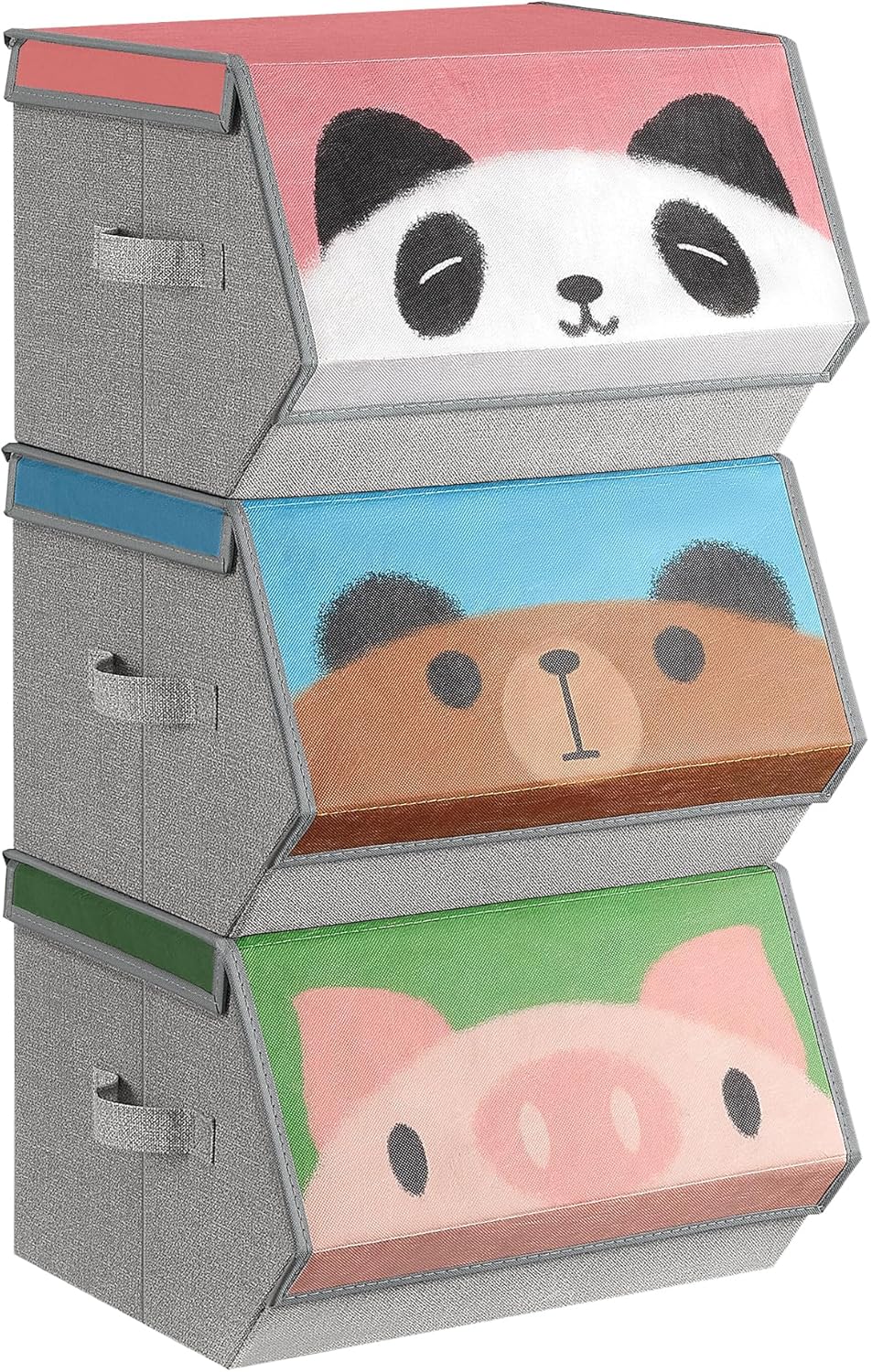 SONGMICS Kids Storage Organisers, Set of 3, Stackable Toy Organiser Boxes, Folding Organisers with Handles, Magnetic Lid, for Kid's Room, Playroom, Pink, Blue, Green and Grey RFB760P02.