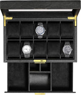 ROTHWELL 10 Slot Watch Box with Valet Drawer - Luxury Watch Case Display Organizer, Ultra Soft Microsuede Liner, Locking Jewelry Watches Holder With Large Glass Top (Black/Black).