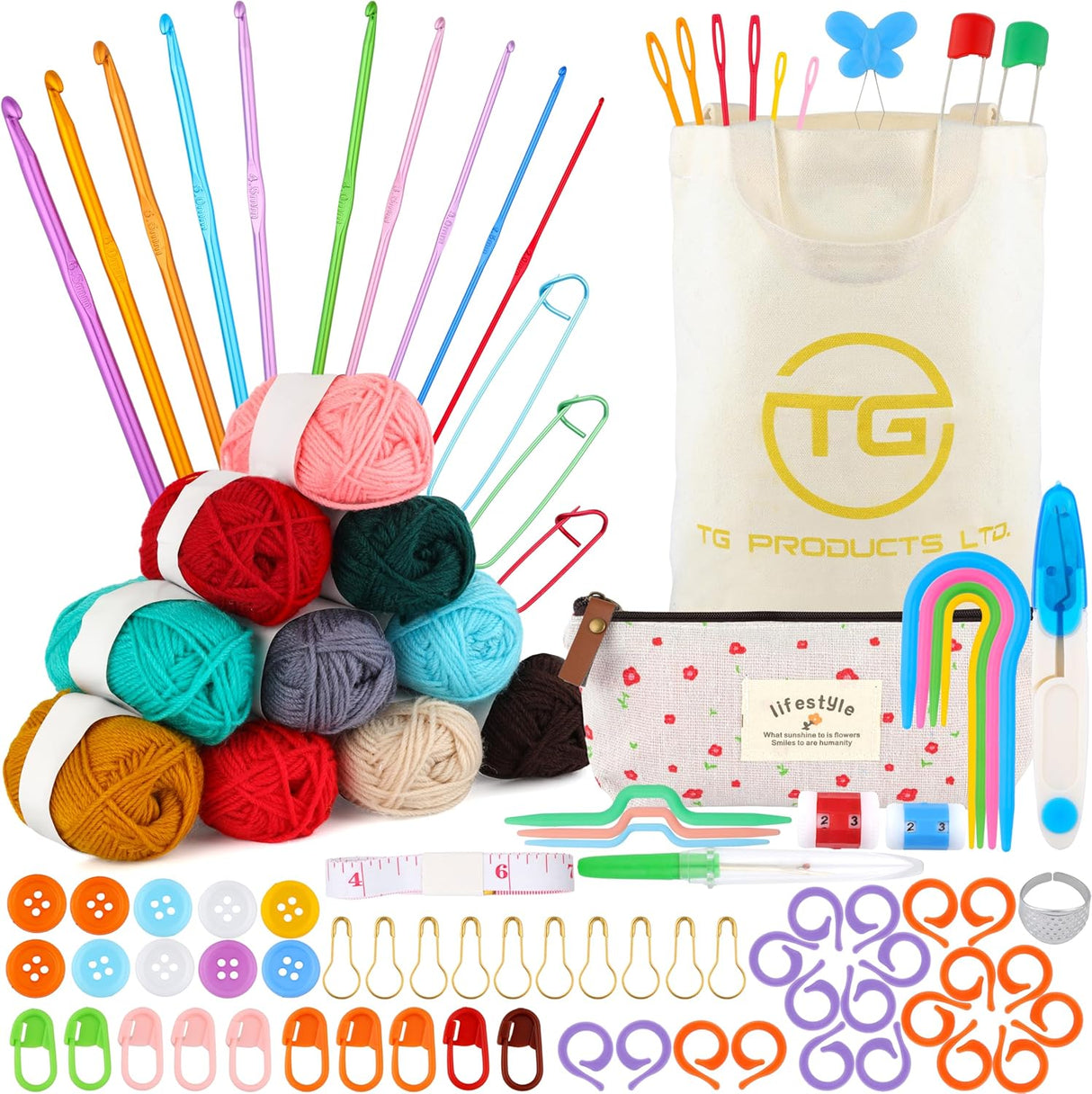 TG Products Ltd. Crotchet Kit for Beginners, 96 Piece for Adults and Children Starter Kit, Crochet Hooks Set with Storage Bag, Wool and Knitting Accessories.