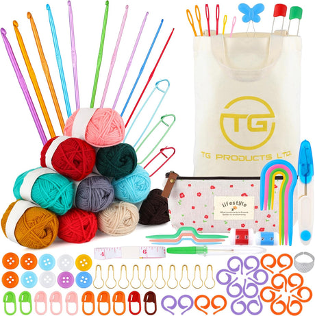 TG Products Ltd. Crotchet Kit for Beginners, 96 Piece for Adults and Children Starter Kit, Crochet Hooks Set with Storage Bag, Wool and Knitting Accessories.