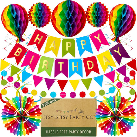 Premium Reusable Birthday Party Decorations - Rainbow Birthday Decoration Set - Happy Birthday Banner, Birthday Bunting, Honeycomb Decorations, Streamers (Paper Colourful Rainbow Party Decorations).