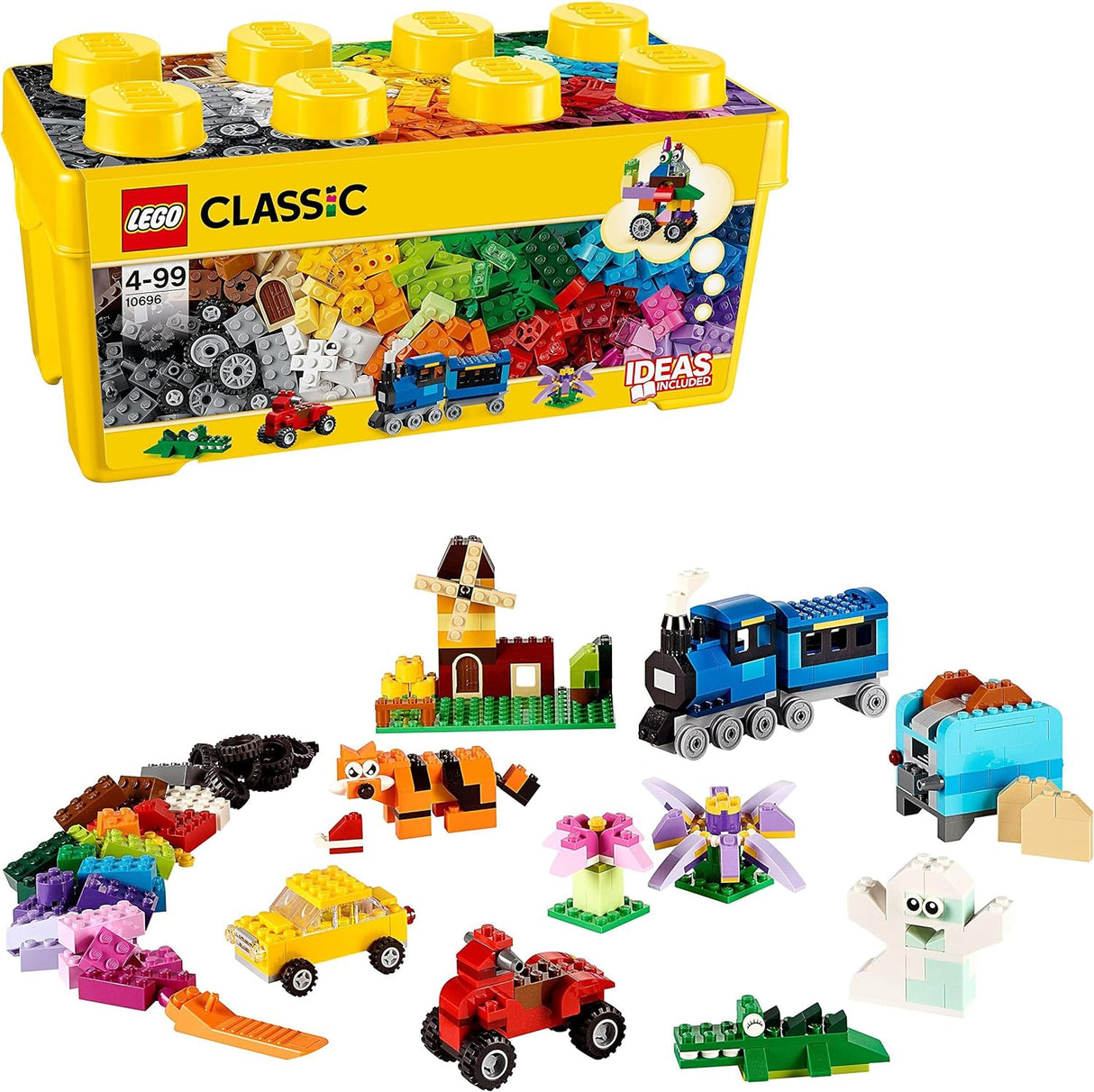 LEGO 10696 Classic Medium Creative Brick Box, Easy Toy Storage, Colourful Bricks Building Set, Toys for Kids, Boys & Girls Aged 4 Plus Years Old with Wheels, Windows, Eyes and a Green Base Plate.