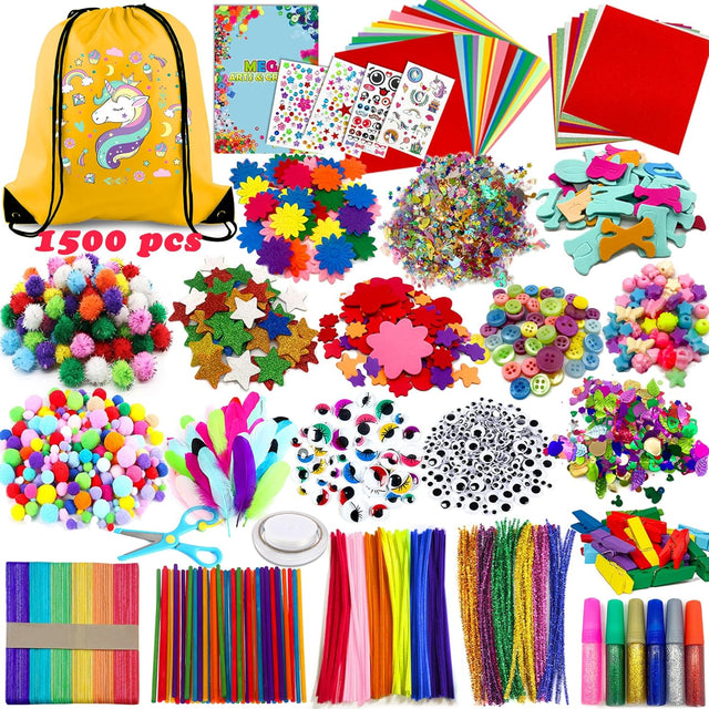 Chennyfun 1500pcs+ Arts and Crafts Supplies for Kids, Craft Art Kits for Toddlers with Unicorn Storage Bag, All in One D.I.Y. Crafting Set Includes Pom Poms, Feathers, Beads, Supply for Kids Ages 4-12.