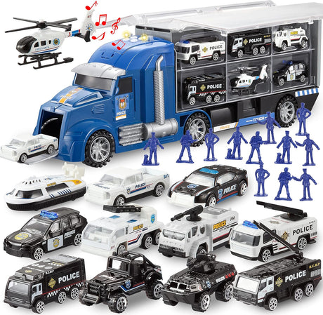 JOYIN 25 in 1 Police Rescue Truck Car Toy Set with Sounds and Lights, Mini Police Vehicles in Carrier Truck, Play Police Patrol Rescue Vehicle Toy, Birthday Gifts for Over 3 Years Old Boys.