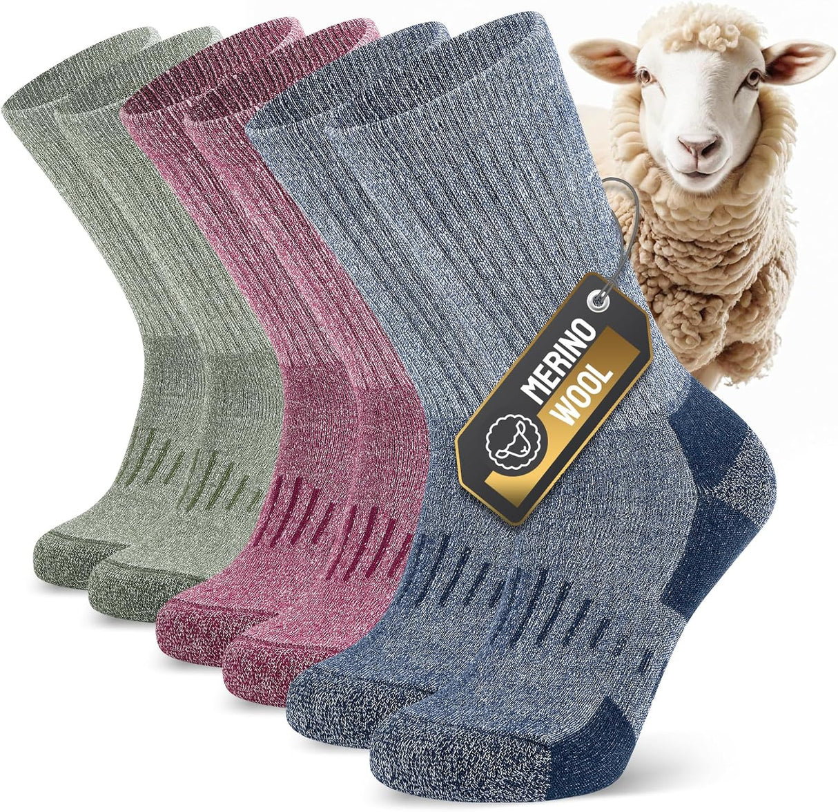 TIBISI Merino Wool Socks for men women, Outdoor Socks Hiking Walking Running Sport Socks Work Socks, Cushion Moisture Wicking Breathable - 3 pairs.