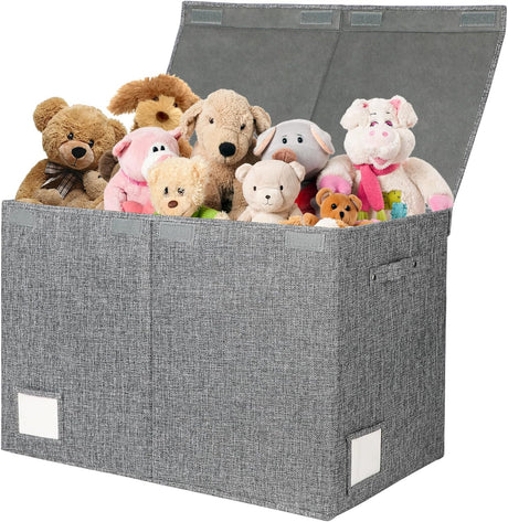 Qidordour Large Toy Box, Collapsible Toy Storage Organizer, Grey Toy Storage Chest with Lid & Handles,Toy Storage Boxes Bins Baskets for Kids, Boys, Girls, Nursery, Playroom, 25"x13" x16" (Linen Grey).