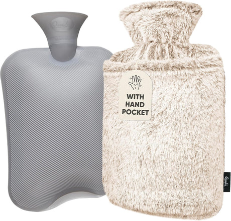 Qomfor Hot Water Bottle with Cover - Premium Fluffy Faux Fur Cover with Kangaroo Pocket - 1.8l Large - Hot Water Bag for Pain Relief, Neck and Shoulders, Hands and Feet, Cosy Nights (Dark Grey).