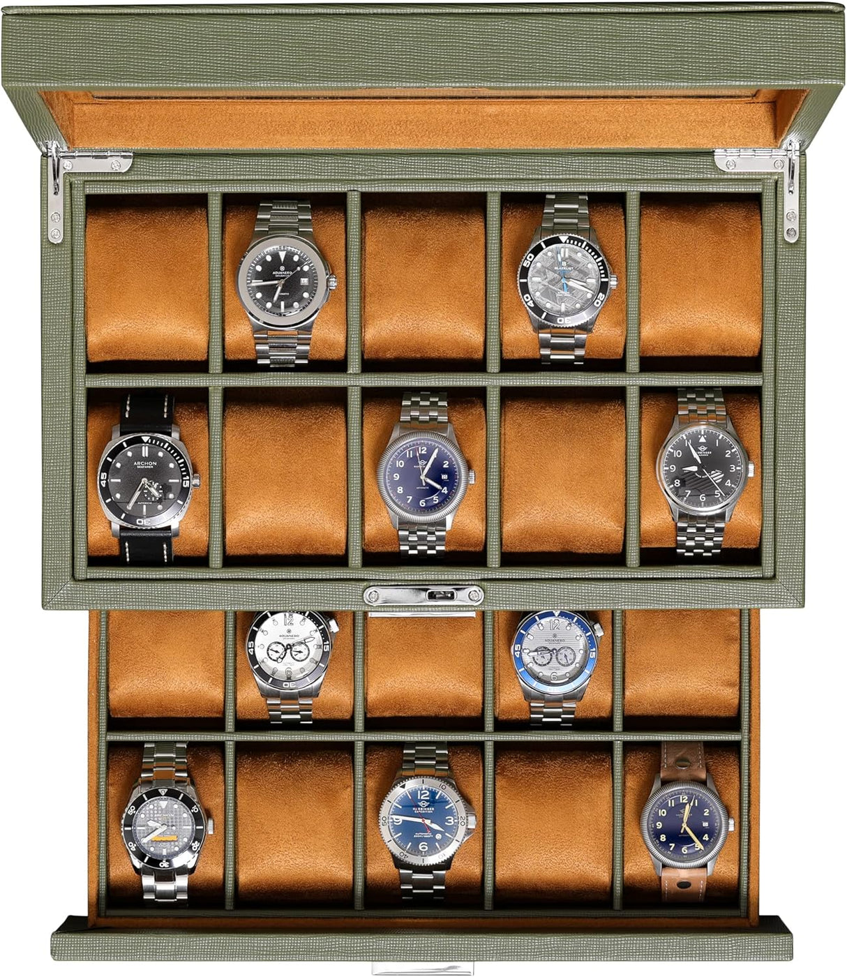 ROTHWELL 20 Slot Leather Watch box - Luxury Watch Case Display Jewelry Organizer, Locking Watch Display Case Holder with Large Real Glass Top - Watch Box Organizer for Men and Women (Blue/Tan).