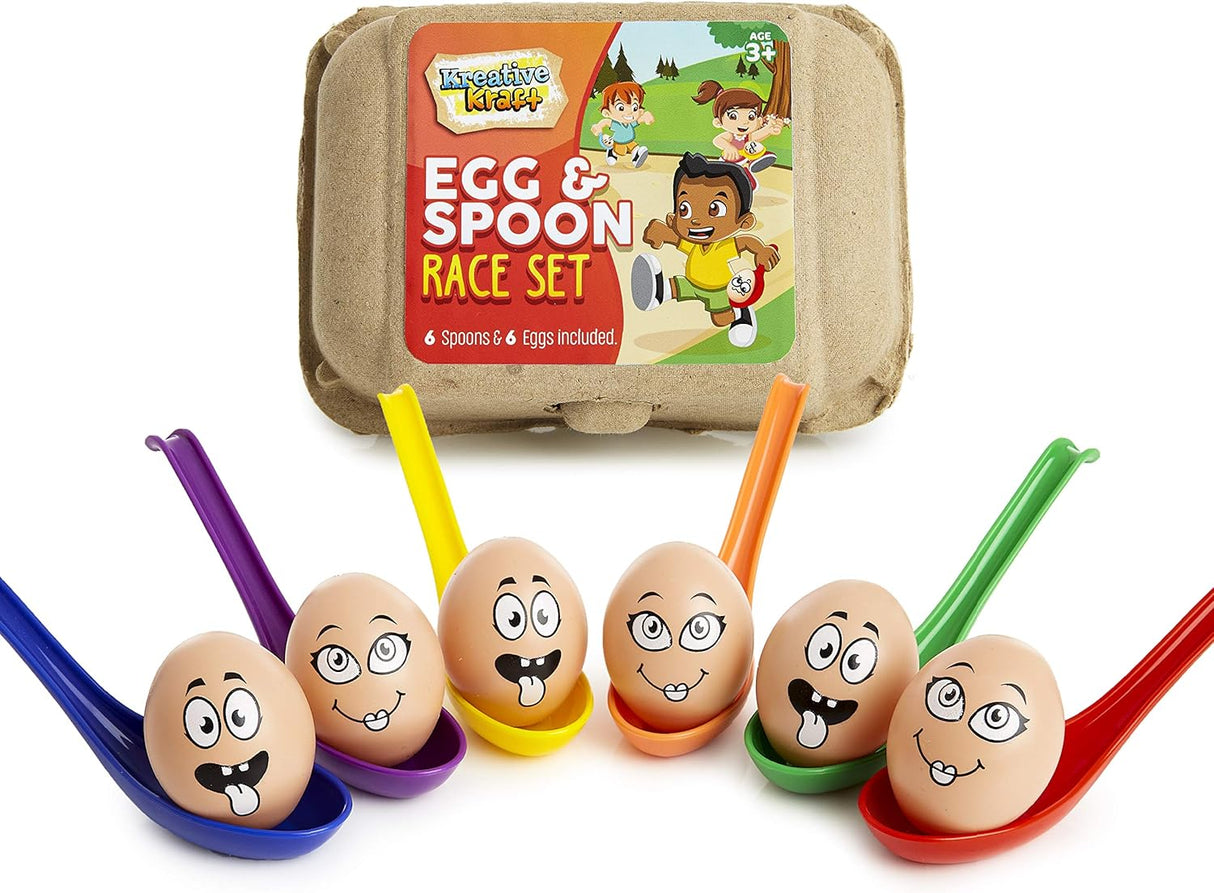 KreativeKraft Egg and Spoon Race Kit, Garden Outdoor Toys Family Party Games Set Includes 6 Easter Eggs & 6 Plastic Spoons Kids and Adults.