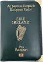 Irish Passport Holder | EU Passport Wallet | Green PU Leather Cover | Gold Metal Protective Corners | Gold Text.